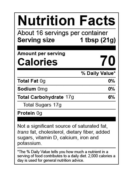 Nutrition facts label for a product with 70 calories per serving, 17g of total carbohydrates, and 17g of total sugars.