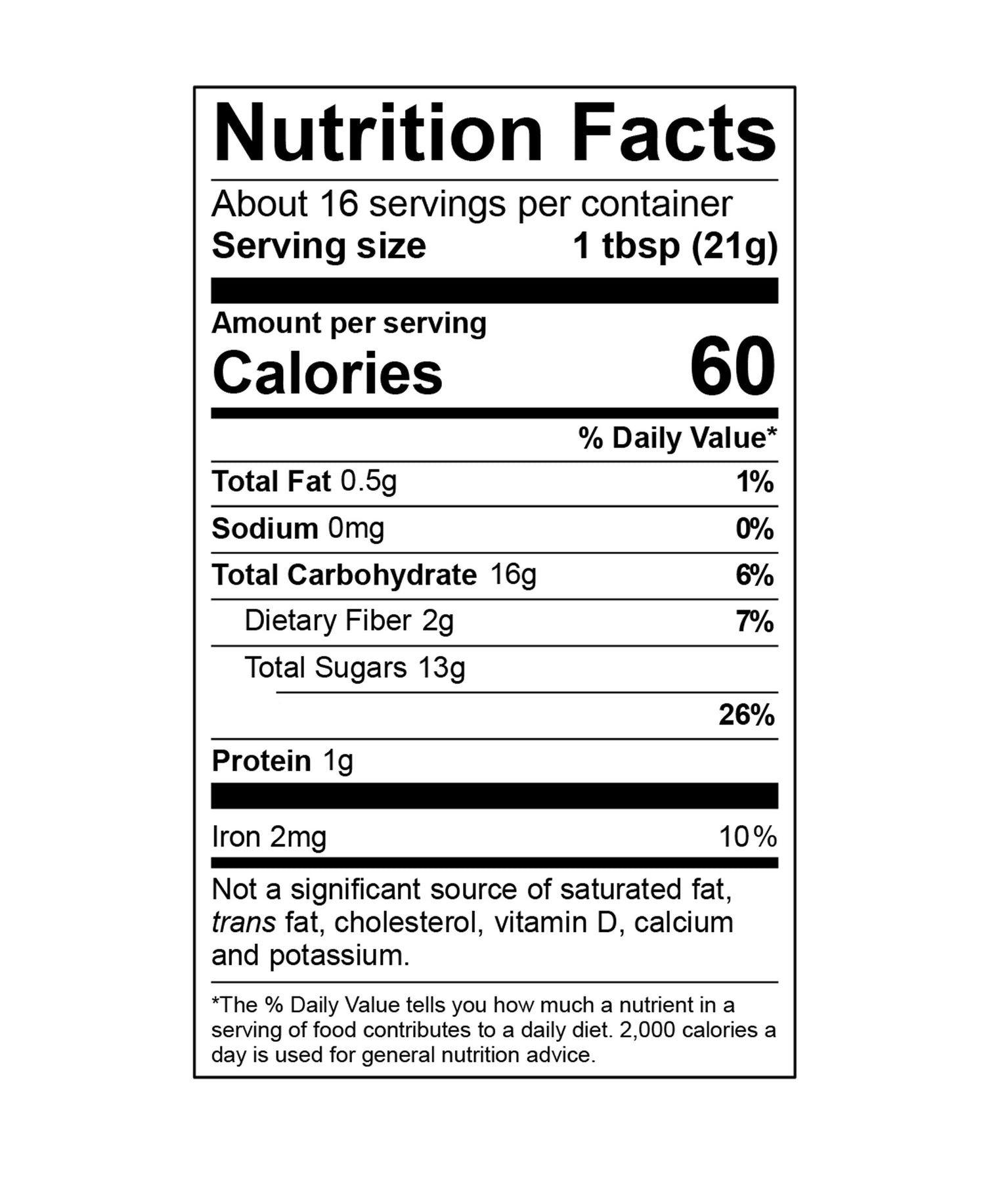 Nutrition facts label for a product with detailed calorie and ingredient information. 60 calories per serving