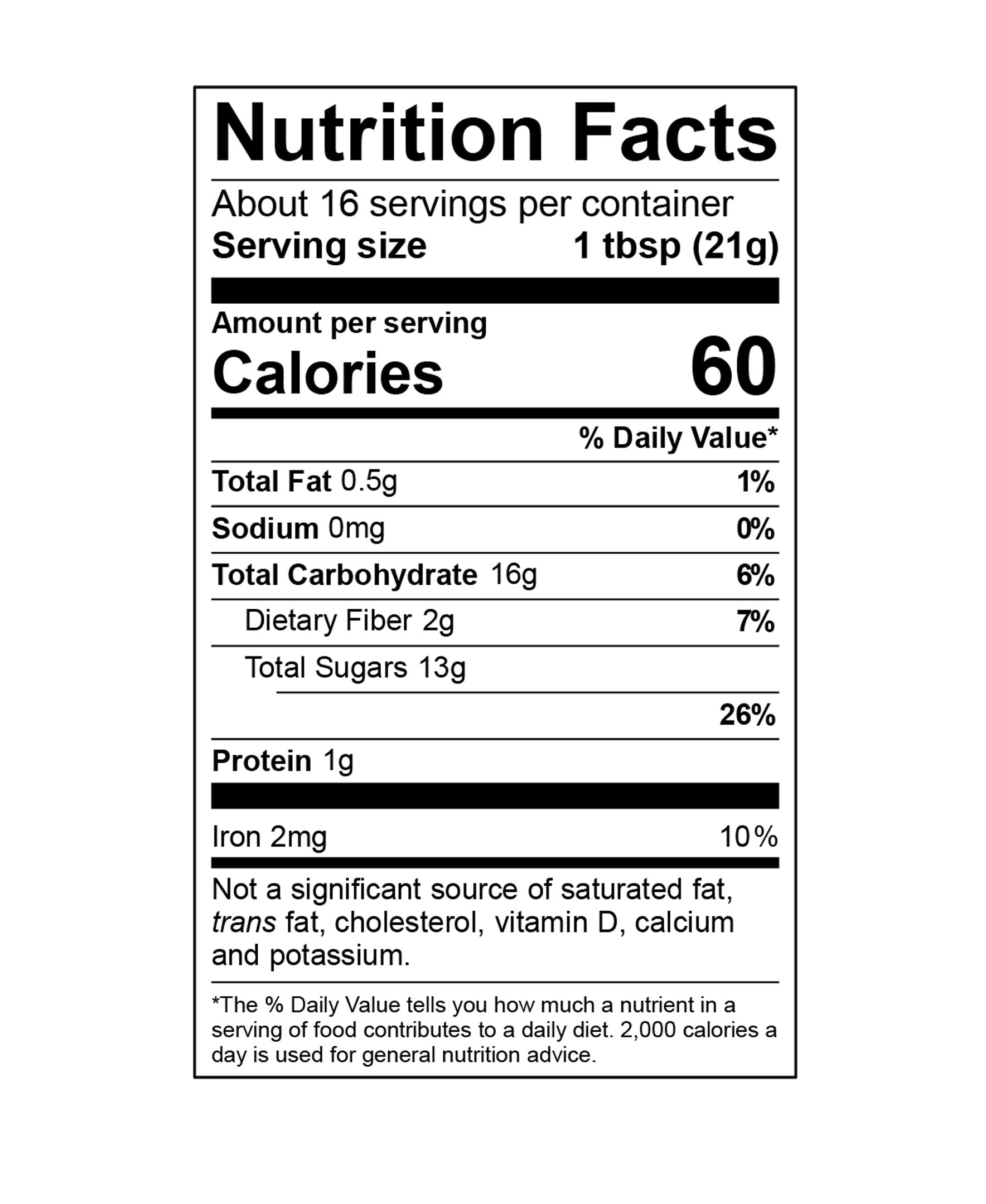 Nutrition facts label for a product with detailed calorie and ingredient information. 60 calories per serving