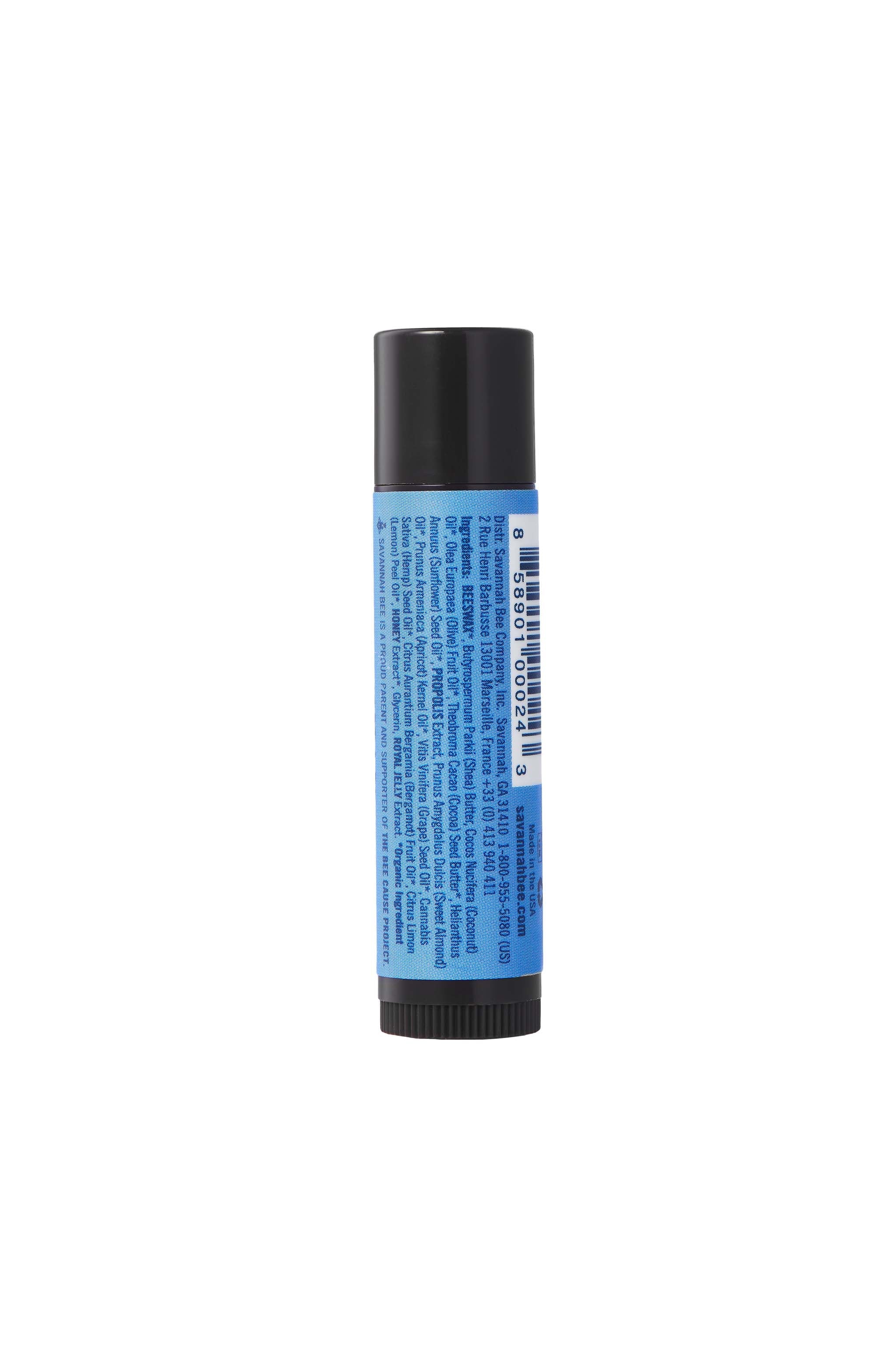 Savannah Bee Company Earl Grey Beeswax & Propolis Lip Balm blue lipstick tube, back