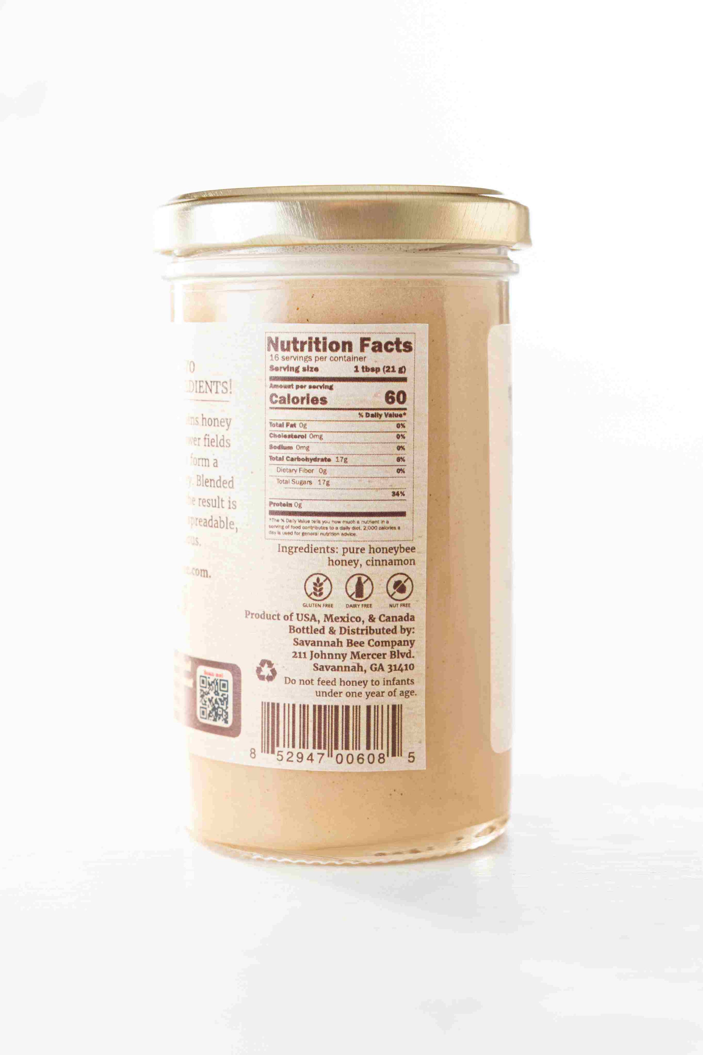 Back of a jar of whipped honey with cinnamon.